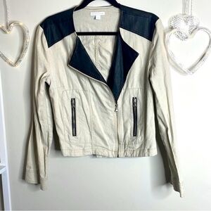 New York & Company Faux Leather Moto Jacket with Pockets - Black/Tan